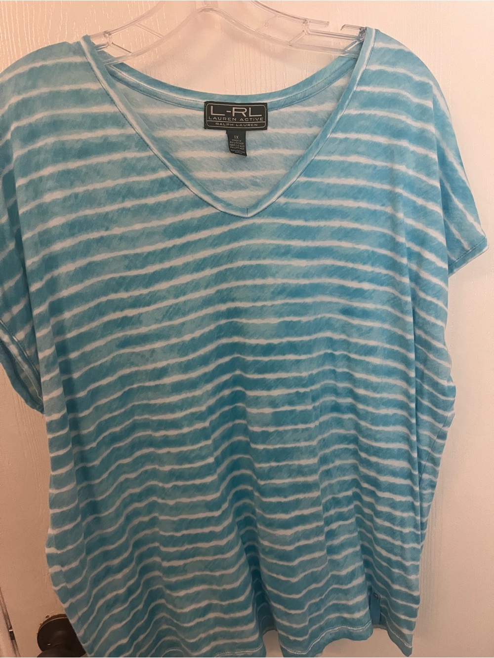 Lauren Ralph Lauren Light Turquoise Blue and White Striped V-Neck Tee